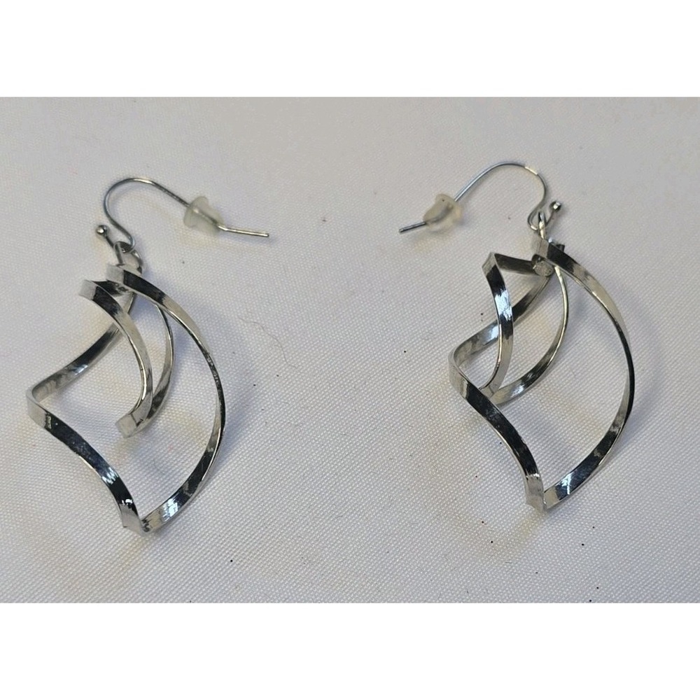 Silver-Tone Twist Ribbon Dangle Earrings Openwork Spiral Design